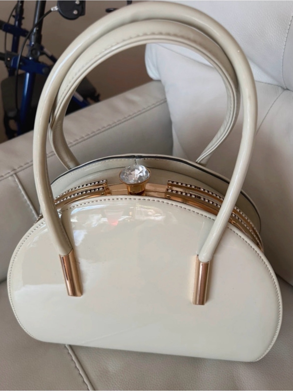 Cream Patent Dome Handbag with Crystal Accent